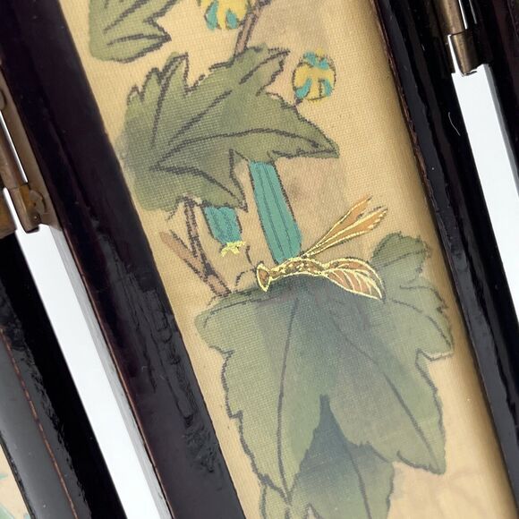 Vtg Asian Miniature Oriental 4 Panel Tabletop ScreenGeisha Insect Garden 7" - Picture 8 of 10